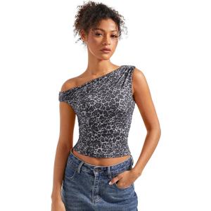 SUUKSESS Women Off Shoulder Tops Sleeveless Shirts Y2K Going Out Crop Tank Top (Medium, Black Cheetah Print)