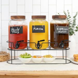 Ilyapa Glass Drink Dispenser for Parties - 3 Pack, 1 Gallon Triple Beverage Multi Drink Dispenser with Stand, Wood Tops and Black Stainless Spigots