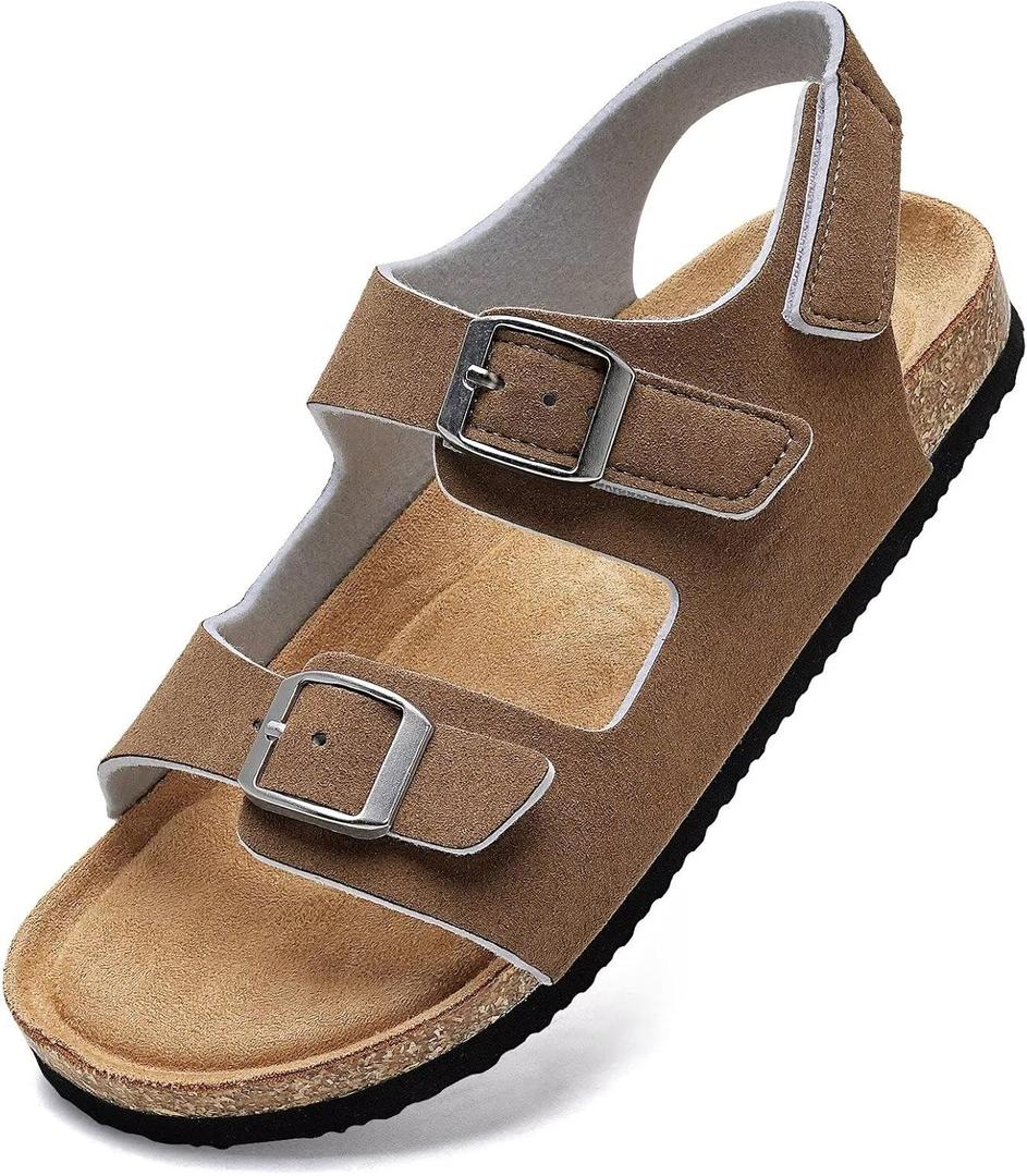 Torotto Toddler Kids Sandals Boys Girls Cork Footbed Sandals with Adjustable Buckle Casual Slides Open Toes Flat (2 Big Kid, Lhj385/Khaki)