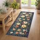 DUKINO 2x5 Runner Rug for Hallway, Washable Kitchen Floral Runner Rug with Non Slip Backing, Low Pile Soft Boho Carpet for Kitchen, Hallway, Entryway, Laundry, Bedroom, Navy Blue