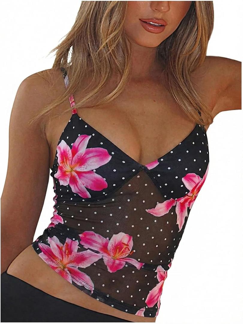 RoseSeek Women's Sheer Mesh Polka Dots Ruched Sexy Summer Cami Crop Tops (L)