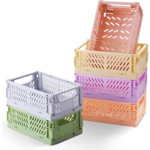 6-Pack Small Pastel Plastic Storage Baskets, Collapsible Crates for Organizing, Space-Saving Mini Bins for Classroom, Kitchen, Office, Bedroom (5.9" x 3.8" x 2.2") (Yellow, Orange, Purple, Cherry Pink, Light Blue, Green)