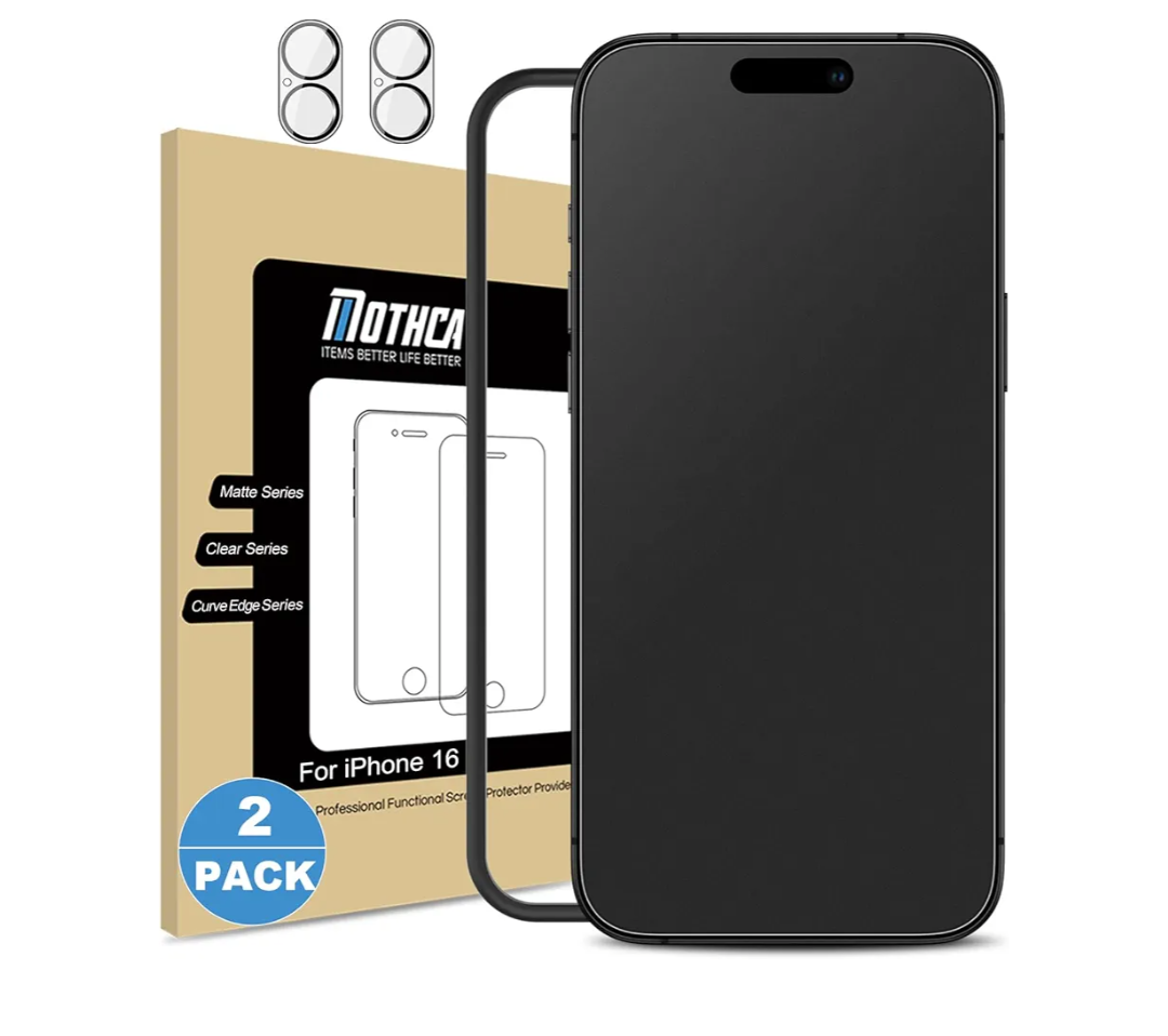 Mothca 2 Pack Matte Glass Screen Protector for iPhone 16 [6.1 inch] + 2 Pack Camera Lens Protector, AntiGlare & AntiFingerprint Case Friendly Tempered Glass Film, Bubble Free, Smooth as Silk