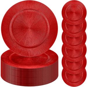 Tanlade 50 Pcs Charger Plates Bulk, 13 Inch Plastic Round Charger Dinner Plates Elegant Wedding Serving Plate for Event Tabletop Wedding Party Bridal Baby Shower Decor (Red) (Modern Style)