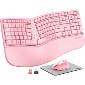 MEETION Ergonomic Keyboard and Mouse, 2.4G USB Wireless Split Keyboard with Soft Palm Rest, 4 DPI Adjustable Vertical Mouse, Full Size Rechargeable Windows/Mac/Computer/Laptop, Pink