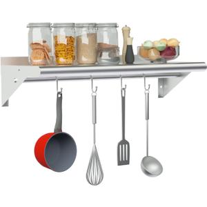 Treshin Stainless Steel Shelf with 4 Hooks 14 x 24 Inches, Commercial Wall Mount Floating Shelving Storage Pot Rack for Restaurant, Kitchen, Home, Bar and Hotel