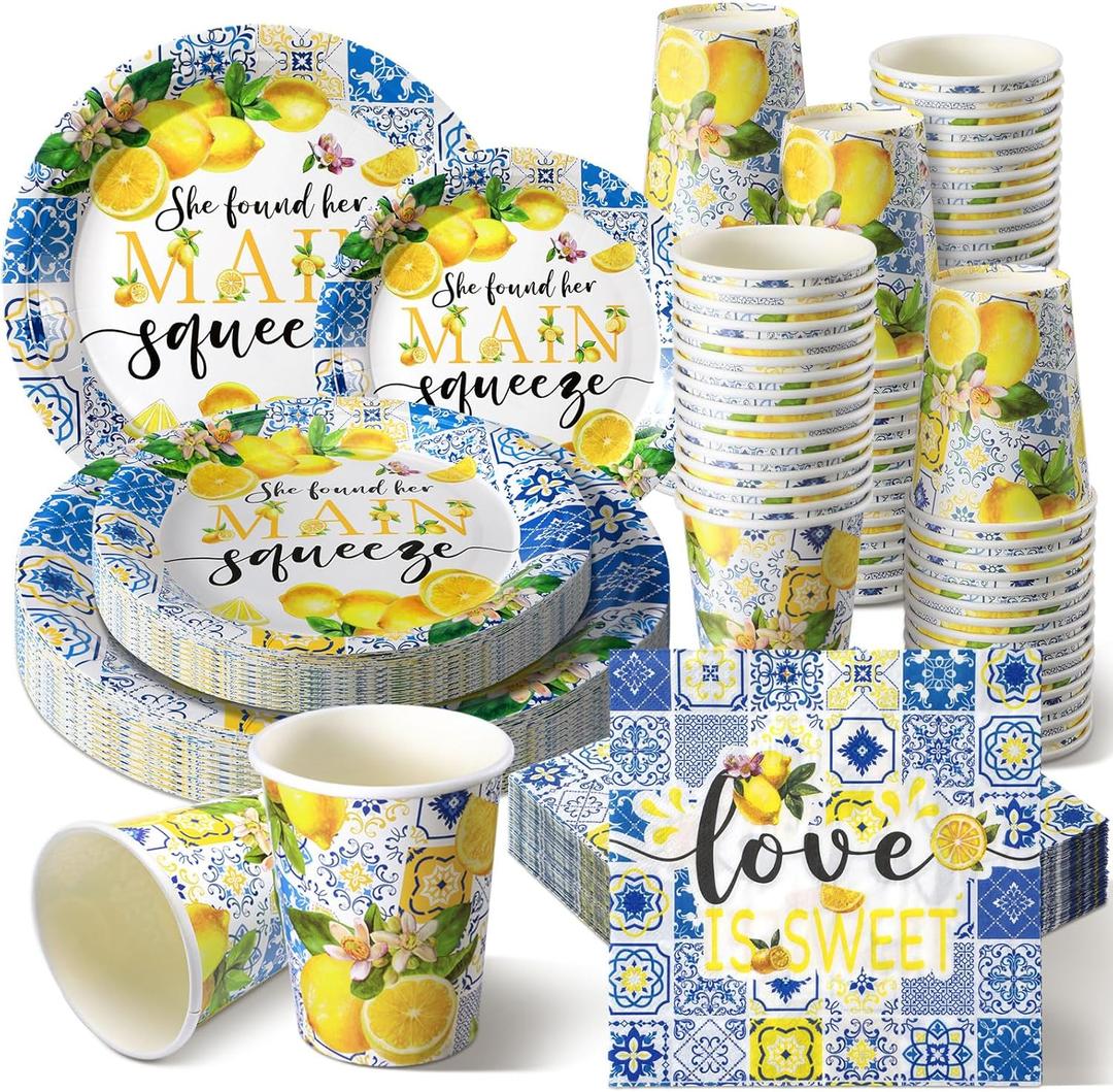 Zhehao 250 Pcs Capri Lemon Bridal Shower Plates Napkins Sets 50 Pcs 9'' Dinner Plates and 7'' Dessert Plate and 9oz Cups 100 Napkins Serves 50 Party Supplies Bridal Shower Engagement Decoration (Blue)
