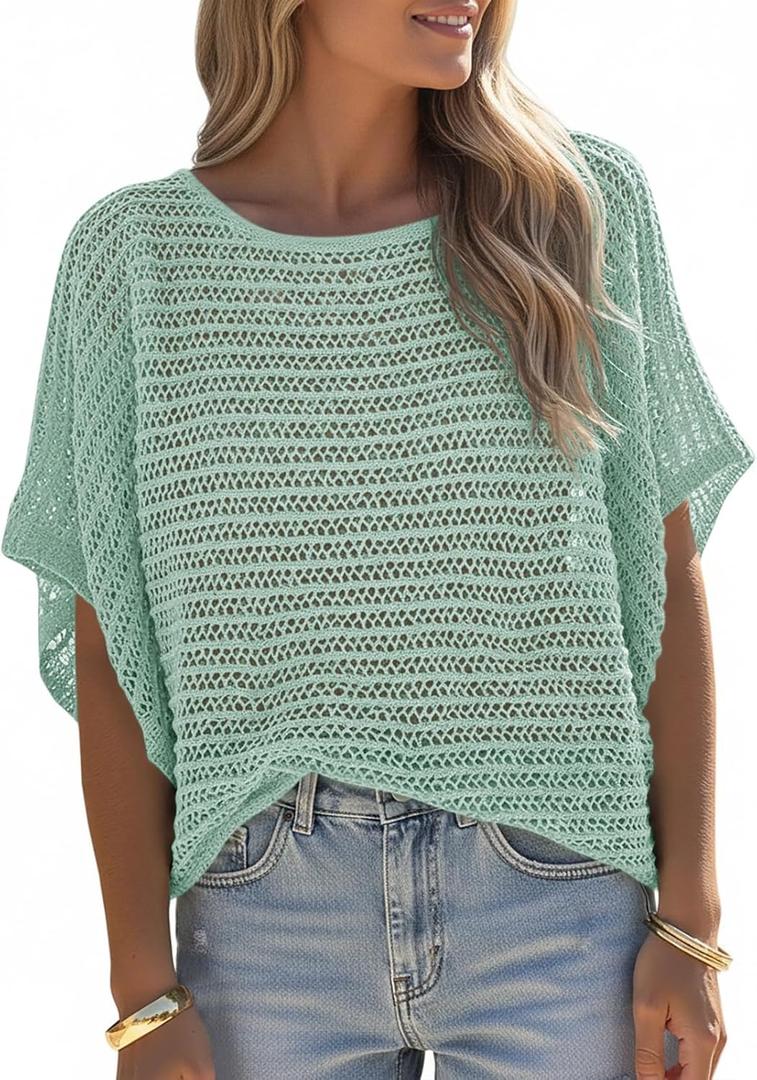 Saodimallsu Womens Crochet Tops Summer Batwing Short Sleeve Oversized Sweater Boat Neck Mesh Knit Beach Cover Up Top (Medium, Green)