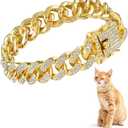 Amabro Diamond Cat Chain Collar, Metal Cuban Link Dog Collar with Secure Buckle Cat Pet Necklace Chain Pet Collar Jewelry Accessories for Small Medium Dogs Cats Puppy Kittens (Gold, 10 inch)