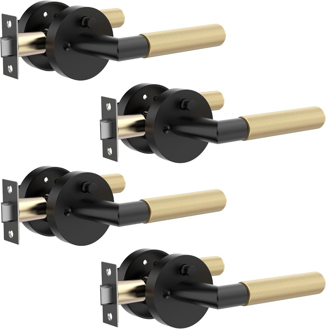 4 Pack Matte Black and Gold Door Lever Handle Keyless Privacy for Bedroom/Bathroom, Anti-Slip Knurled Grip, Fits Left/Right Hand Doors