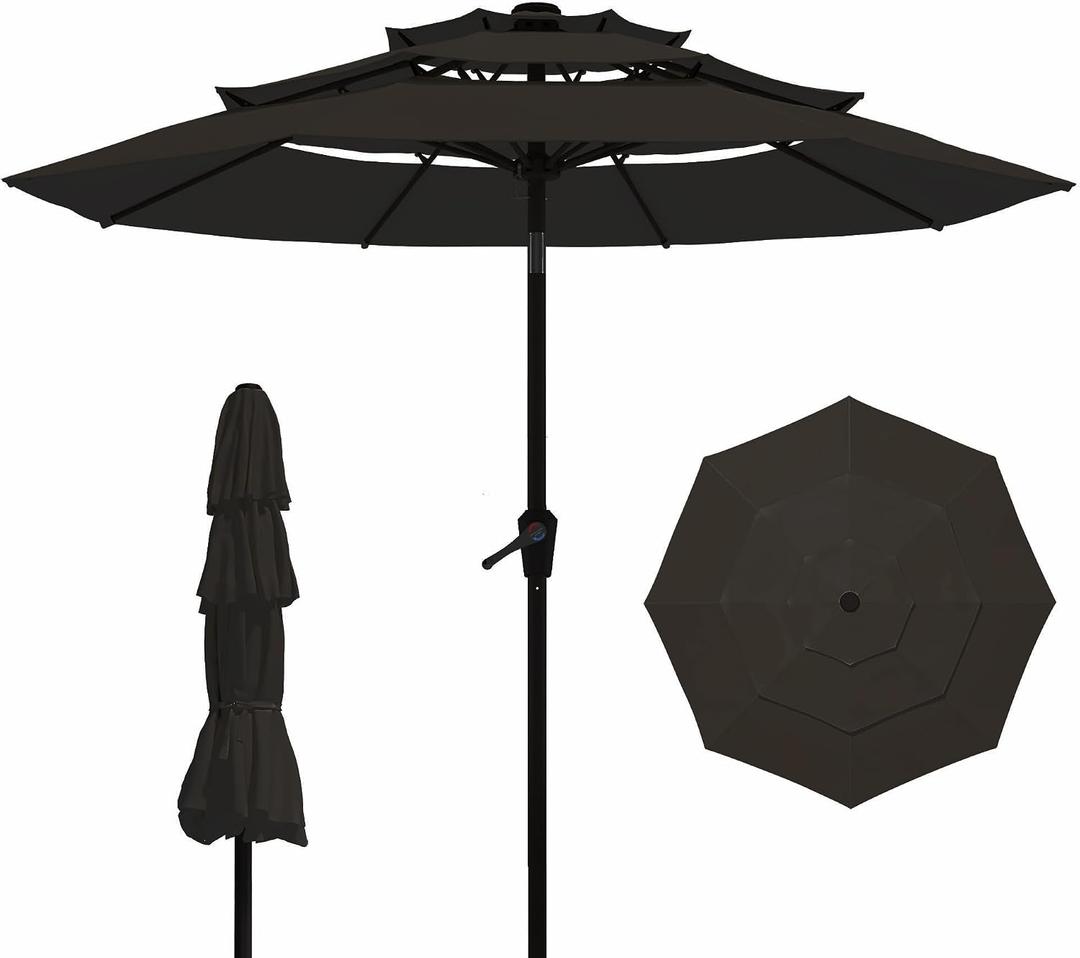 9FT 3 Tiers Patio Umbrella With Auto Tilt And Crank, Outdoor Table Market Umbrella with 8 Sturdy Ribs for Garden, Lawn, Deck, Backyard and Pool