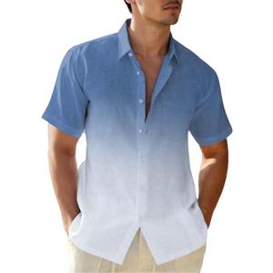 Mens Linen Shirts Gradient Short Sleeve Casual Shirts Button Down Shirt Beach Summer Wedding Vacation Shirt for Men (Blue, M)