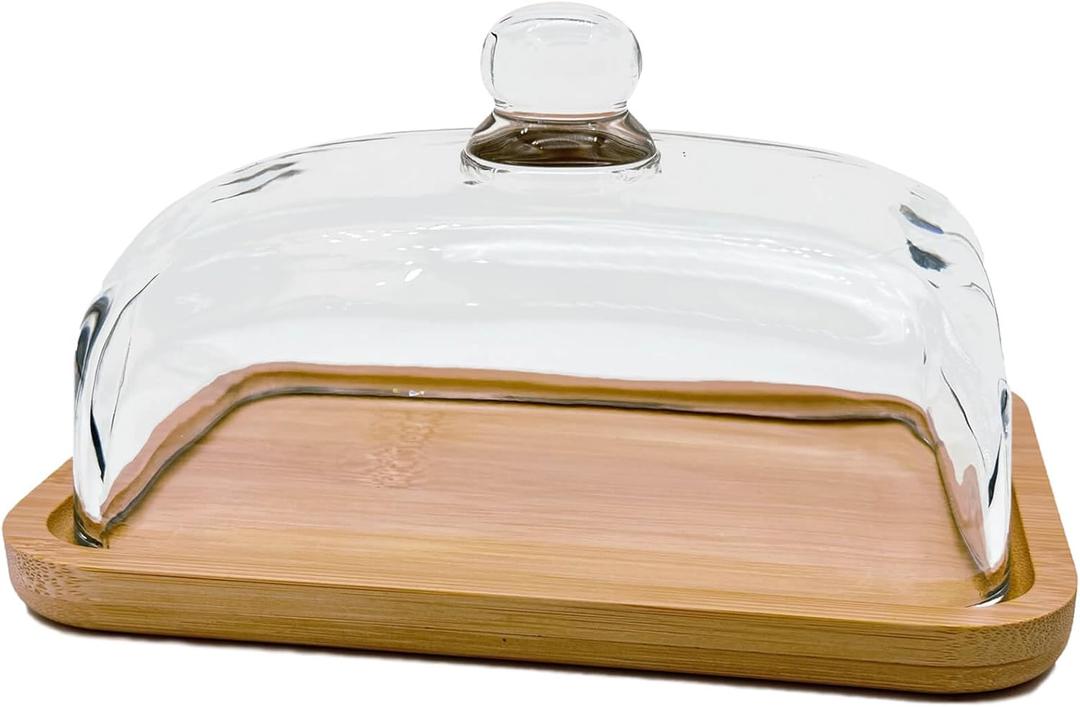 BUTTER DISH WITH LID, GLASS AIRTIGHT LID KEEPS BUTTER SOFT, FOR COUNTERTOP AND REFRIGERATOR. WIDENED DESIGN TO FIT ALL BUTTERS. COVERED BUTTER DISH, MADE OF GLASS AND BAMBOO.