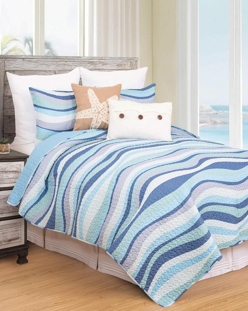 C&F Home Sea Waves Seawaves Blue Ocean Coastal Theme King 3 Piece Beach Reversible Coverlet Quilt Set with 2 King Shams Reversible Quilt Coverlet Comforter Nautical Bedding Set King 3 Piece Set Blue
