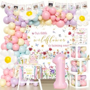 Wildflower First Birthday Decorations Girl, 1st Birthday Decorations Girl, Wild One Floral First Birthday Decor, Our Little Wildflower is Turning One Backdrop Balloon for One Year Old Girl