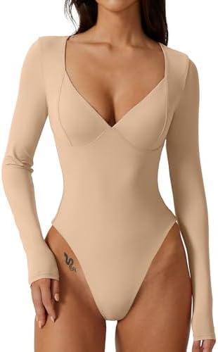 QINSEN Women's Long Sleeve Bodysuit V Neck Body Suits Seamed Cup Going Out Tops Shirt, L