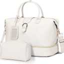 Leather Weekender Bags for Women, Travel Duffel Bag PU Overnight Bag Carry On Tote Bag with Shoe Compartment Wet Pocket (Large, Beige)