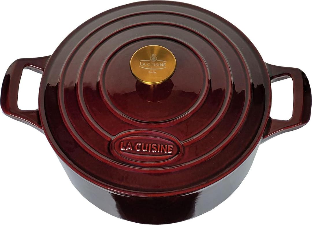 La Cuisine Enameled Cast Iron Dutch Oven Casserole Dish Pot with Lid, 5 QT 10.3 /26cm Dia. Internal Matte Black Enamel Coating Gold-Plated SS Lid Handle Oven Safe up to 500 F, Cranberry