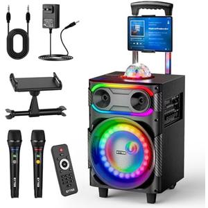 EYTSE Karaoke Machine with 2 Wireless Microphones, Portable Big BT Party Speaker with 250W Peak Power, PA System with Disco Ball LED Lights, Tablet Lyrics Display Holder, Rolling Wheels and Trolley