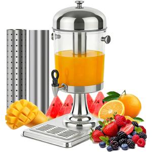 Beverage Dispenser with Stand,2 Gallon Drink Dispenser for Parties,Events,Buffet &Self-Serve,Dual Ice Tube Core Fruit Infuser,Leakproof Spigot,Clear PC Container,Stainless Steel Lid&Base