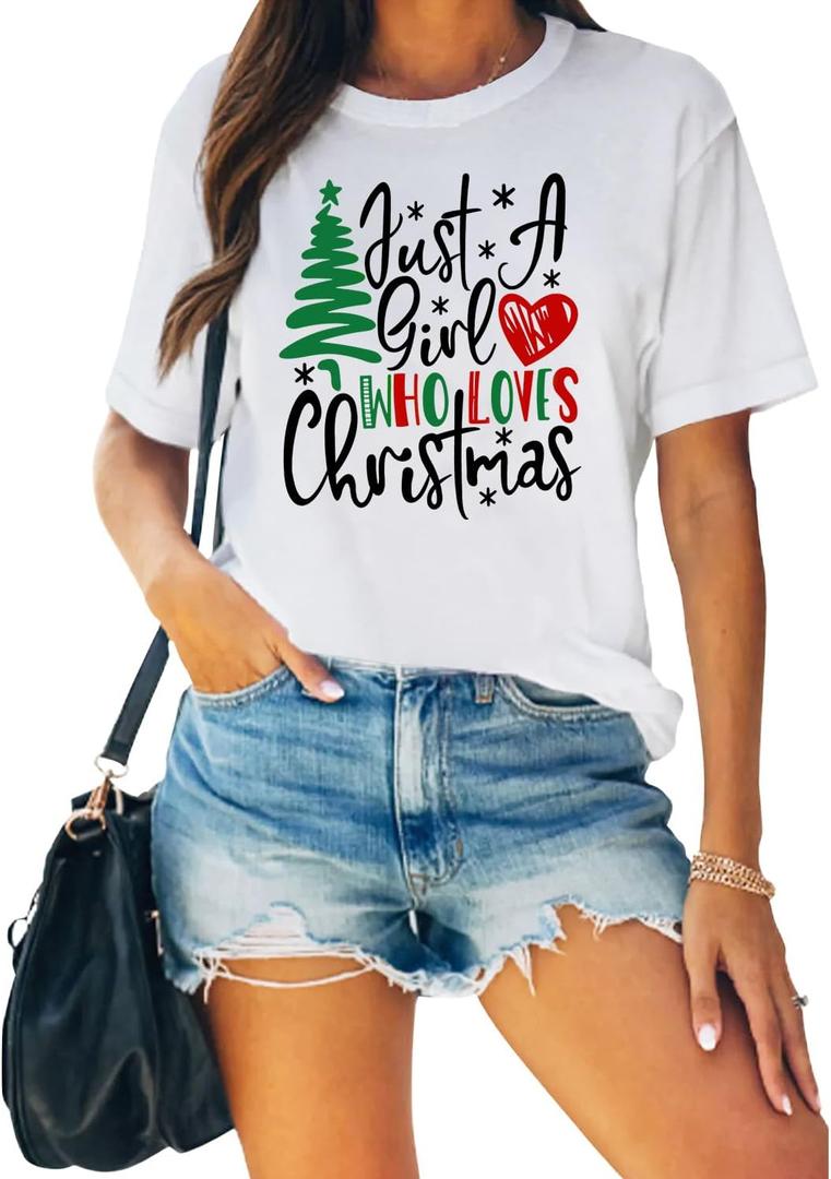 Womens Christmas Shirts Just A Girl Who Loves Christmas T-Shirt Xmas Tree Tee Tops White