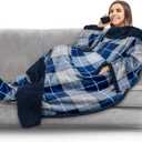 PAVILIA Sherpa Blanket with Sleeves, Foot Pocket for Women Men Adults, Thick Wearable Blanket Throw Wrap, Fleece Warm Snuggle Blanket Robe, Cozy Gift Ideas Wife Mom, Plaid Blue