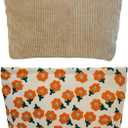 2 Large Makeup Bags Women's Corduroy Canvas Makeup Bag, Travel Makeup Bag, Wallet Organizer, Khaki and Orange Flower Pattern