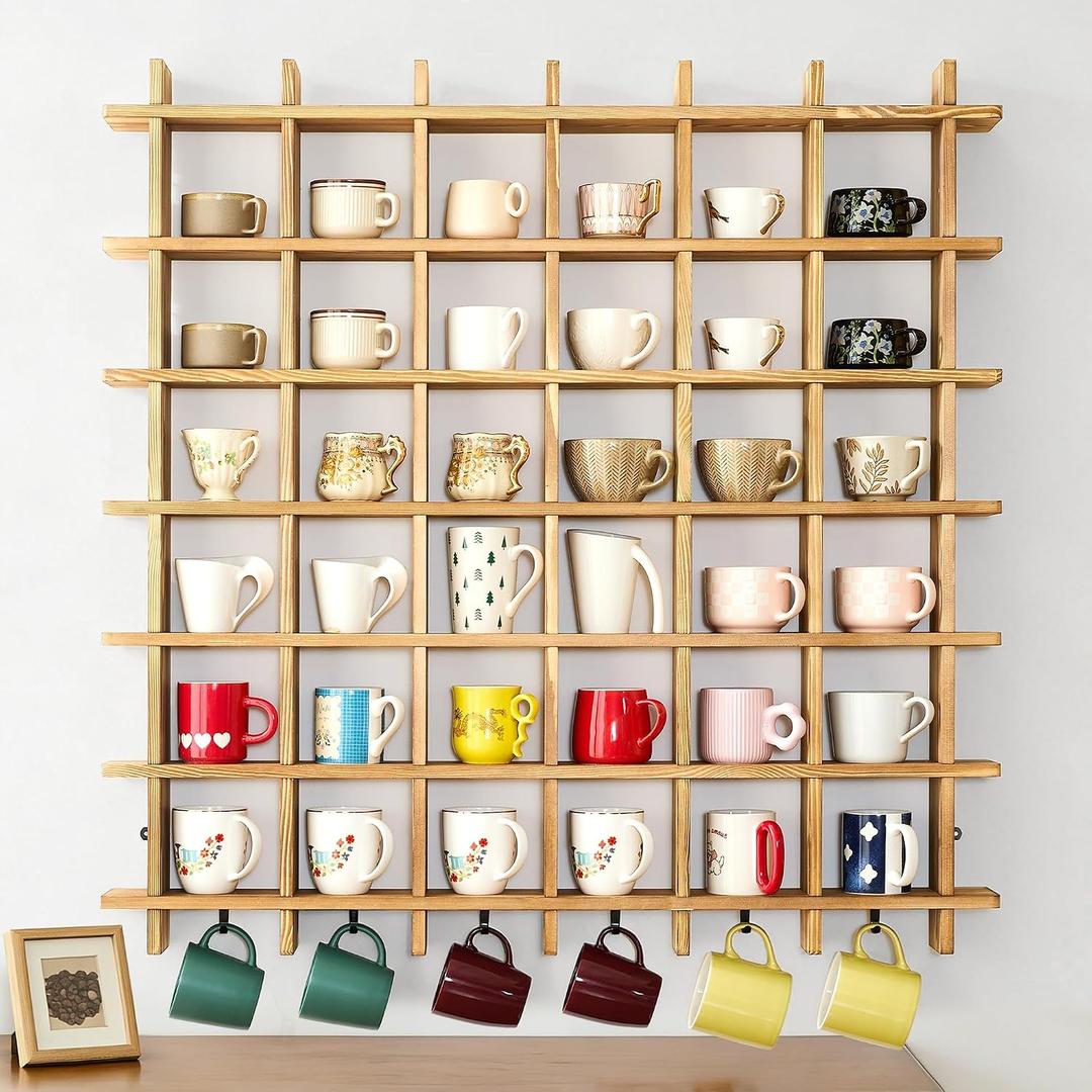Oversize Coffee Mug Display Rack, 41 x 41 Inch,Holds 48 Cups | Solid pine wall-mounted mug rack with torched finish, 36 cubbies, 6 top spaces and 6 hooks for organized 48-cup display