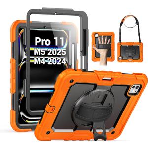 SEYMAC for iPad Pro 11 Inch Case M5 2025 / M4 2024, Heavy Duty Shockproof Protective Case with Screen Protector, 360 Rotating Stand, Hand/Shoulder Strap and Pen Holder, Orange