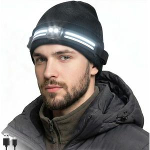 EGUKU Rechargeable Headlamp Beanie, 1200Lumens Bright Beanie with Light, 260°Wide Beam Unisex Hat Headlamp 11 Lighting Modes, Hat with Red&Green Light 5oz Lightweight for Women Men (Carbon Black)