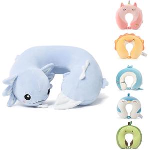 Niuniu Daddy Blue Axolotl Kids Travel Pillow Road Trip Essentials for 3-8 Y/O, Soft Memory Foam Kids Neck Pillow for Airplane Car Travel Portable Cervical Pillow with Boys Girls for Long Trip
