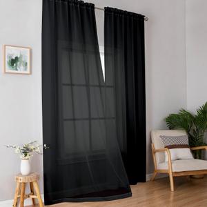 Simplebrand Black Sheer Curtains 96 Inches Long, Light Filtering Rod Pocket Solid Color Window Sheer Curtain Panels, Elegant Curtains & Drapes for Living Room, Bedroom 2 Panels (Black, 42" W x 96" L)