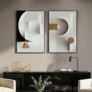 Large Framed Modern Elegant Abstract Wall Art, 2 Piece Black White Gold Geometric Prints Paintings Artwork for Walls, Minimalist Wall Pictures for Living Room Dining Bedroom Hallway Wall Decor 24x36 In, 24" W X 36" H X 2pcs