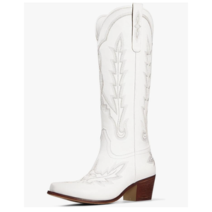 Ouepiano Cowboy Boots for Women Knee High Cowgirl Boots with Classic Embroidered Slip On Pointed Toe Chunky Heel Pull On Fashion Retro Tall Boot Size 8