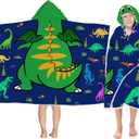 Dinosaur Hooded Beach Towel for Boys, Soft & Absorbent T-Rex Dinosaur Poncho Towel, 30x50 Green Blue Bathrobe for Kids Cool Cartoon, Quick Dry Swim, Pool, and Bath Time