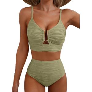 Herseas 2 Piece Bikini Set U-Wire Cutout Popular Swimsuit High Waisted Textured 2026 Summer Beach Swim Bathing Suits (Green, L)