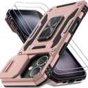 DEERLAMN Case for iPhone 16 with Slide Camera Cover+Screen Protector (2 Packs), Rotated Ring Kickstand Military Grade Shockproof Protective Cover-Rose Gold