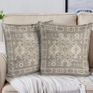 Boho Floral Throw Pillow Covers 20x20 inch Set of 2,Grey Boho Rug Geometric Floral Pattern Decor Double Sided Pattern Cushion Cover Soft Pillow Case Living Sofa Room Bed Square Pillow Cover