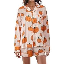 MBZJSDKHLK Women's Halloween Pajamas Set Silk Satin Ghost Pumpkin Print Long Sleeve Button Down Shirt 2 Piece Pjs Shorts Sets, L