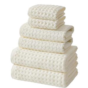SK Studio 6 Piece Cotton Hotel Waffle Towel Set - 2 Bath, 2 Hand, 2 Washcloths - Large, Absorbent, Quick Dry for Bathroom Spa - White
