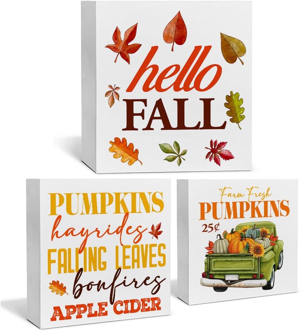 3 Pcs Fall Tiered Tray Decor Hello Fall Sign Home Decorations Autumn Pumpkins Truck 3 Pcs Wood Decorative Signs for Table Desk Shelf Wall, 5.7 x 5.7 inches, 5 x 5 inches, 4.3 x 4.3 inches