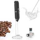 Milk Frother with Stand (Battery Included), Handheld Battery Operated Electric Foam Maker with Stainless Steel Whisk for Coffee, Latte, Cappuccino, Hot Chocolate (Black)