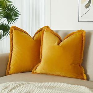 JUSPURBET Gold Decorative Velvet Fringe Throw Pillow Covers 24x24 Set of 2 Boho Soft Cushion Case for Home Decor Living Room Couch Sofa Bed