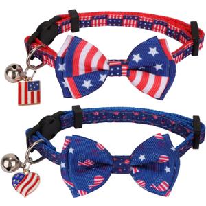 PTDECOR American Flag Cat Collar Breakaway with Cute Bow Tie Bell, 4th of July Cat Collar, Patriotic Bowtie Collars for Kittens
