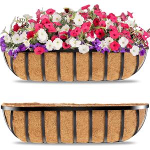 Y&M 30-Inch Window Planter Box 2Pcs Iron Deck Railing With Coco Liner, Metal Horse Troughs for Outdoor Balcony Rail Fence Porch Patio