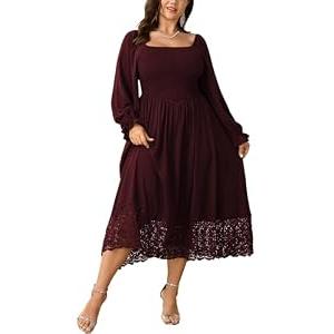 SHESTARR Women's Plus Size Maxi Dress Long Sleeve Square Neck Smocked Flowy A-Line Lace Trim Wedding Guest Dresses Burgundy, 3XL