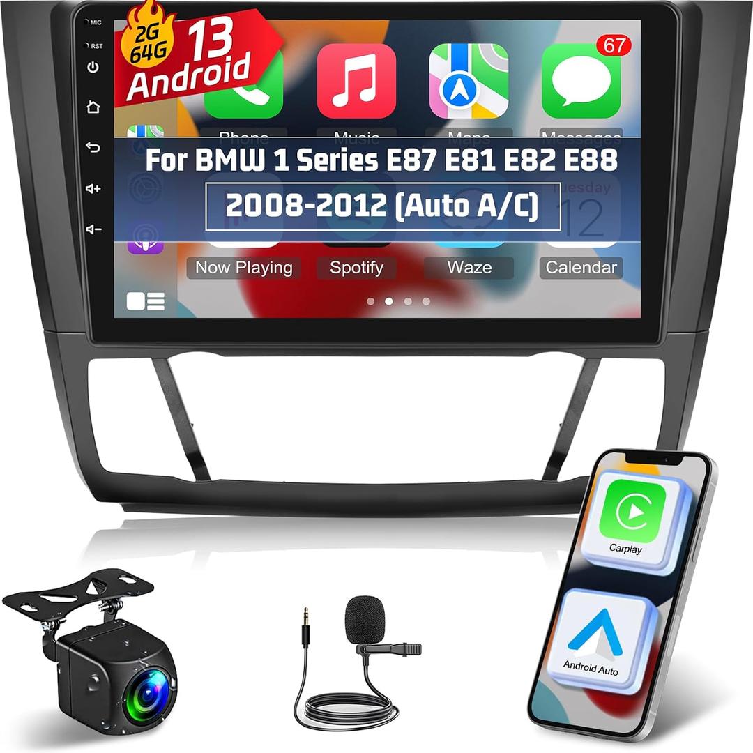 NHOPEEW [2+64G] Car Stereo for BMW 1 Series E87 E81 E82 E88 2008-2012 (Auto A/C) - 9 Inch Touchscreen Android Car Radio with Wireless Carplay and Android Auto/DSP/GPS/SWC + AHD Backup Camera