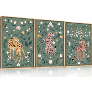 KAIRNE Cartoon Cheetah Framed Canvas Wall Art Set, Modern Leopard Wall Decor, Floral Botanical Leaves Wall Painting, Boho Cat Animal Art Print for Preppy Room, Living Room, Bedroom - 16"x24"x3