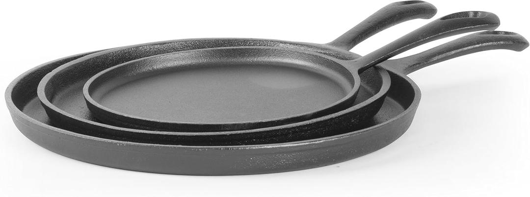 Commercial CHEF 3-Piece Cast Iron Griddle Set, Pre-Seasoned Cast Iron, Includes 8, 10 & 12 Griddle Pans, Works on All Cooktops Including Induction, Outdoor Cookware for Campfires, CHCI81012
