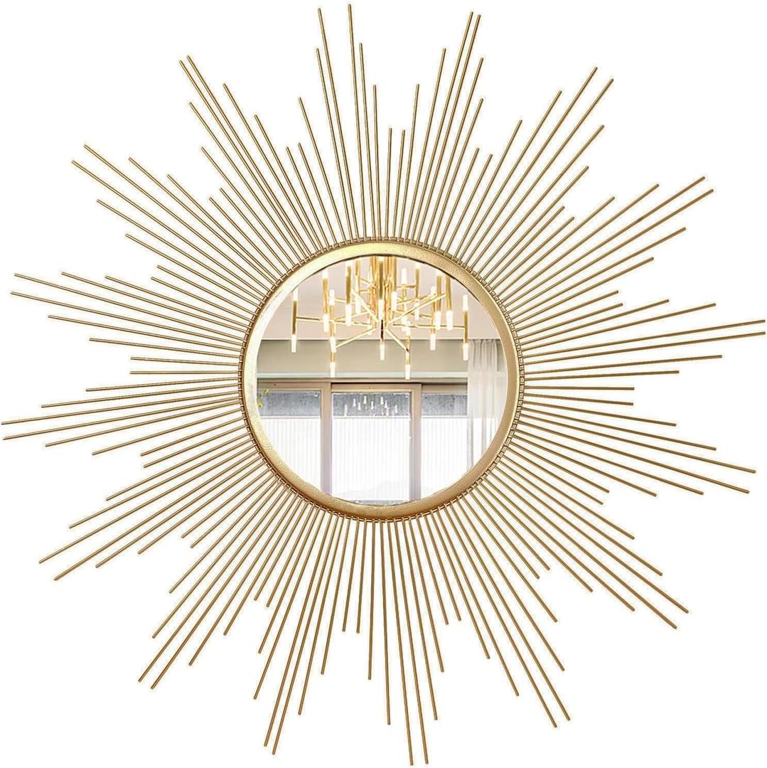Cityelf 24'' Large Gold Sunburst Wall Mirror Boho Home Decor Round Wall Art Mirror for Living Room/Bedroom/Bathroom/Entryway